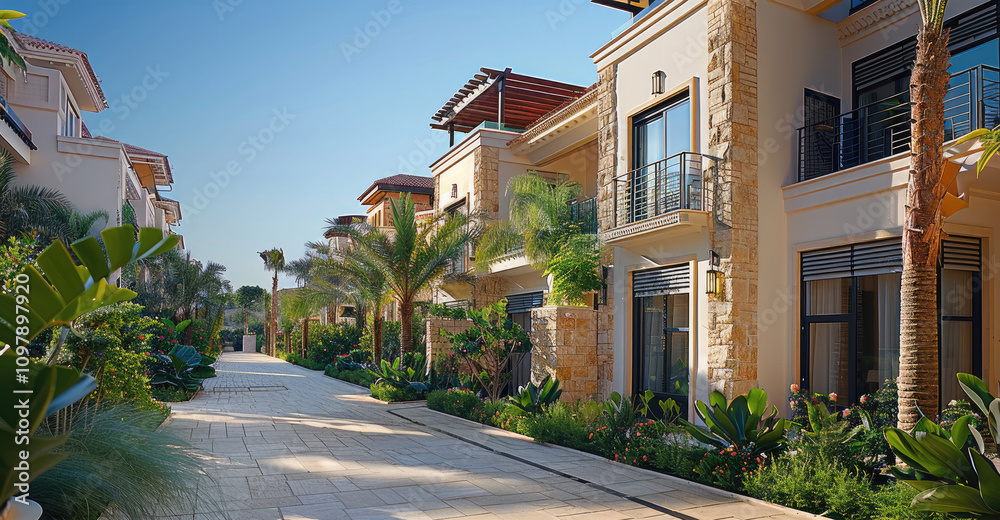 High end residential area, villa facade, overlooking angle, sunny day, blue sky, beige wall stone wall building, front view of two-story luxury townhouse, green plant. High end residential area, villa facade, overlooking angle, sunny day, blue sky, beige wall stone wall building, front view of two-story luxury townhouse, green plant.