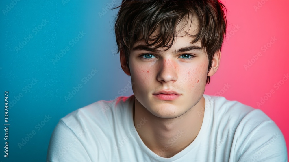 Minimalist portrait of a young man with a neutral expression in soft blue and pink light featuring clean lines and a modern aesthetic that conveys calm and simplicity Minimalist portrait of a young man with a neutral expression in soft blue and pink light featuring clean lines and a modern aesthetic that conveys calm and simplicity