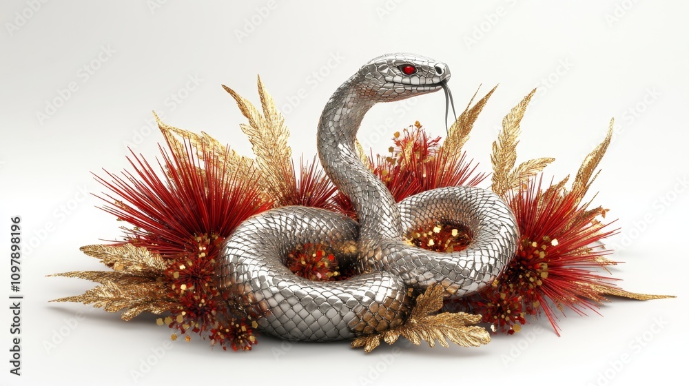 Obraz premium Stunning 3D Representation of a Silver Snake Surrounded by Flowers