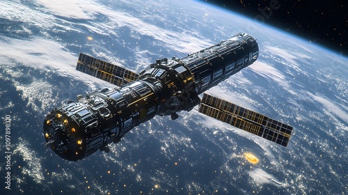 Fototapeta Naklejka Na Ścianę i Meble -  Futuristic orbital space station above Earth, illuminated by stars and planet's glow.