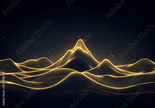 Minimalist vector art of a mountain range made from thin golden lines on a dark background photo