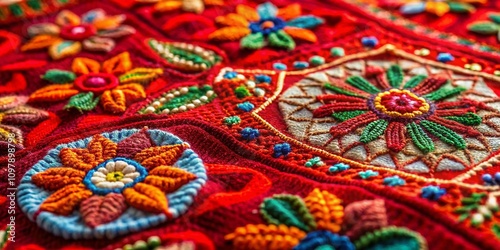 Intricate Embroidery on Vibrant Red Background Showcasing Artistic Craftsmanship and Textural Depth in Conceptual Photography for Textile Art Enthusiasts and Decor Lovers
