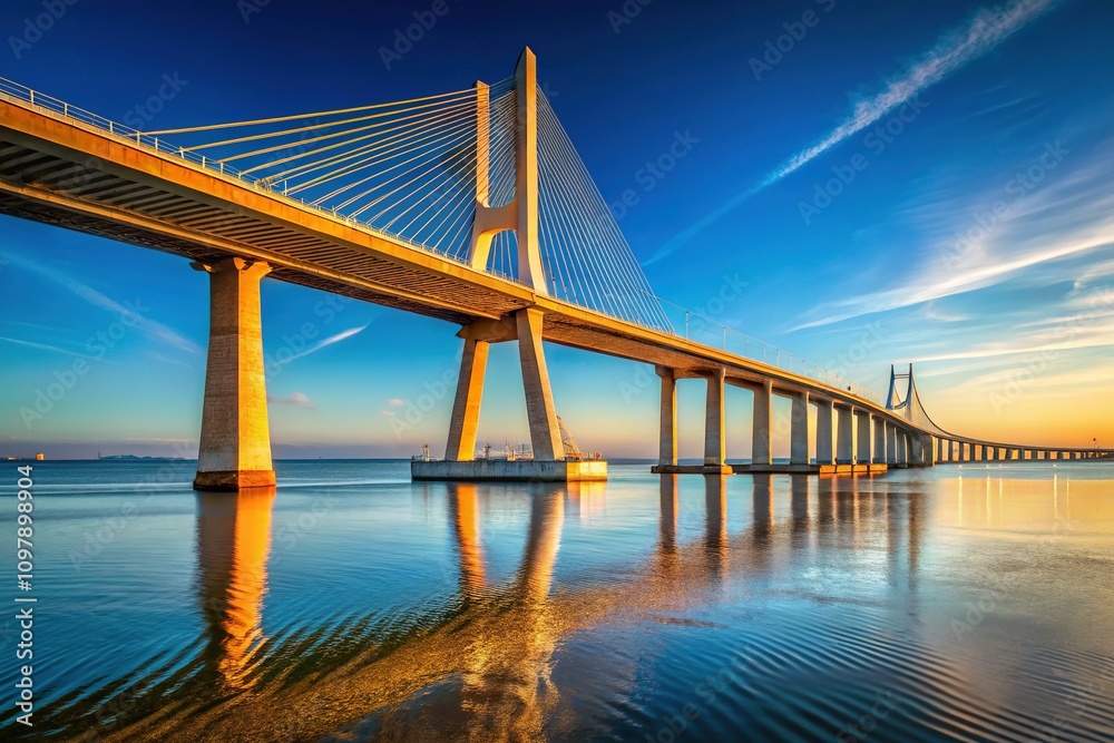 Obraz premium Vasco Da Gama Bridge Architectural Photography AI Art, Lisbon Bridge, Portugal Skyline