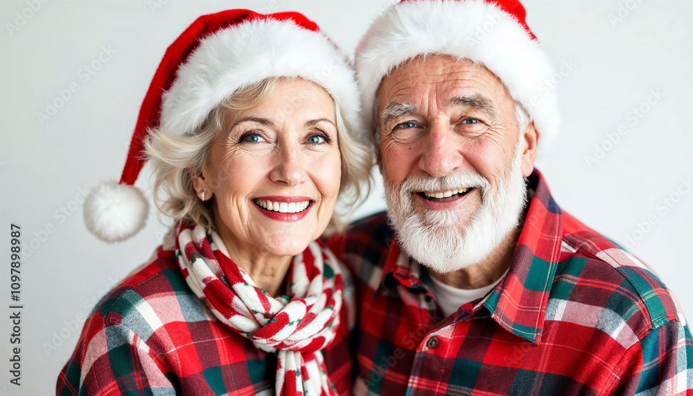 Cheerful elderly couple in Santa hats, festive outfits, celebrating Christmas joy.
Cheerful elderly couple in Santa hats, festive outfits, celebrating Christmas joy.