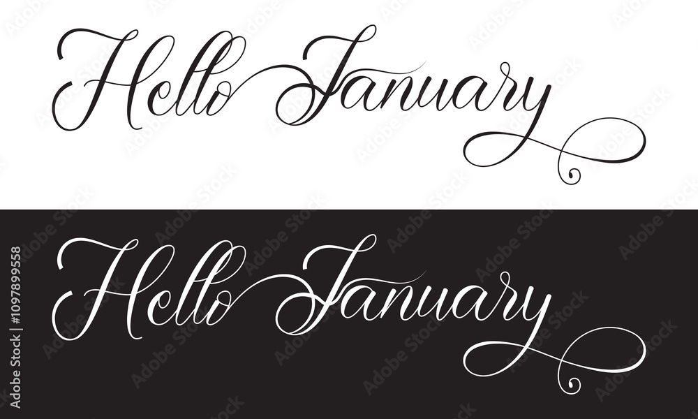Hello January quote card. Modern, simple, minimal typographic design. Hand drawn lettering. Vector illustration. EPS 10 Isolated on white and black background Hello January quote card. Modern, simple, minimal typographic design. Hand drawn lettering. Vector illustration. EPS 10 Isolated on white and black background
