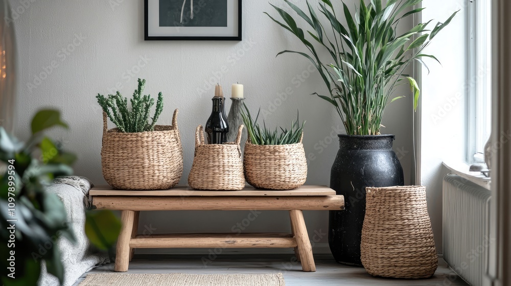 Fototapeta premium A collection of woven baskets, varying in size, hold various plants, creating a calm and natural atmosphere. The neutral color palette adds to the serene mood.