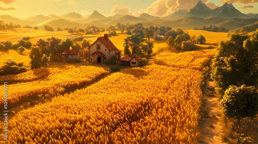 Naklejka premium A serene countryside scene with a golden wheat field and a charming farmhouse.