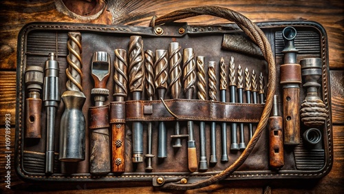 Vintage Drill Bits in Leather Case - Documentary Photography AI Art photo