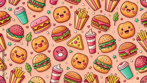 Vintage Fast Food Cartoon Pattern Pink Background AI Photo photo