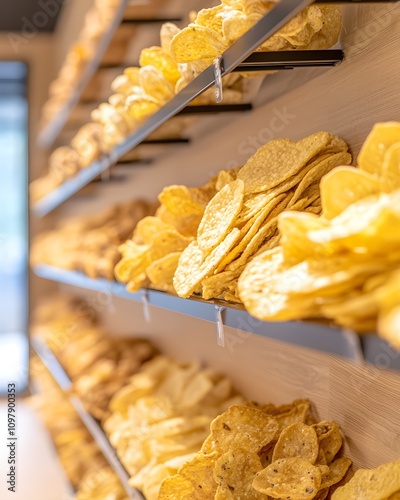 Display of assorted crispy snacks on shelves photo