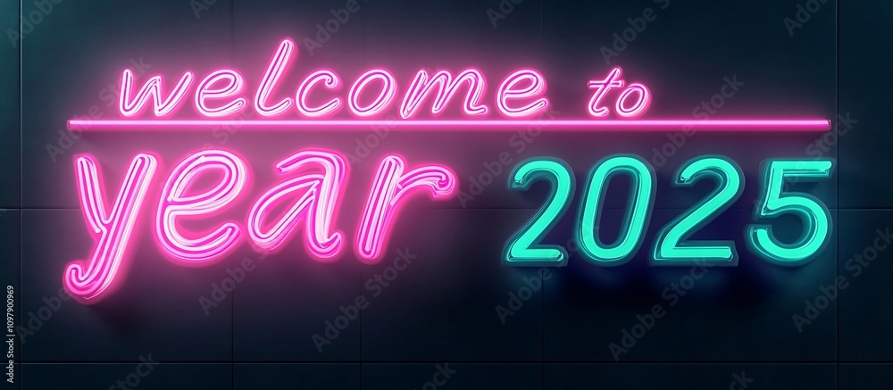 Obraz premium 3D neon welcome to new year 2025 in glowing pink and cyan, against a dark, minimalistic setting for a high-tech appearance.