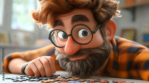 Cartoon Man Solving Jigsaw Puzzle Illustration