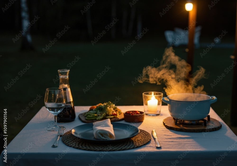 Romantic Outdoor Dinner with Steaming Pot Romantic Outdoor Dinner with Steaming Pot