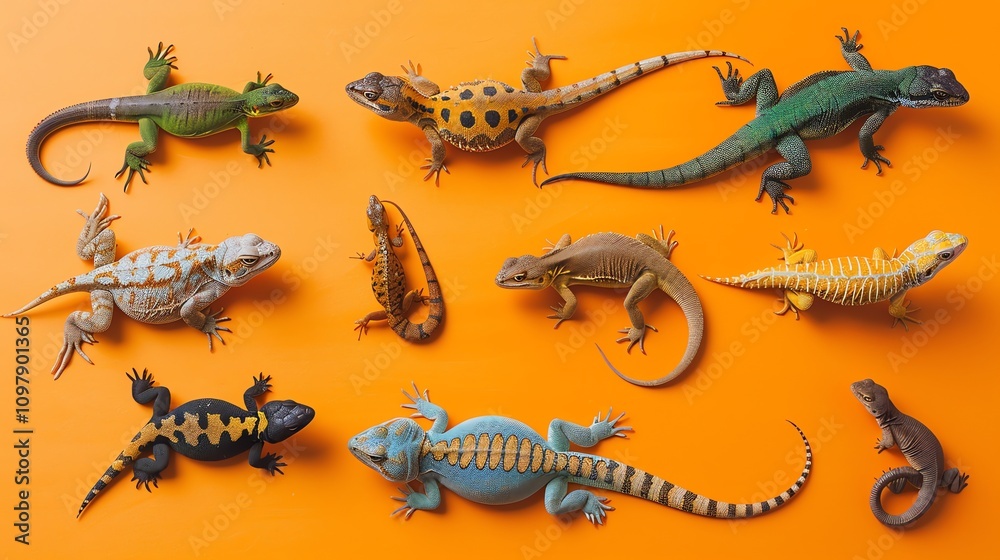 Fototapeta premium A collection of colorful lizards on an orange background.