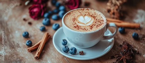 Hot chocolate latte cappuccino on wooden table with blueberries cinnamon spices and dried roses creating a cozy atmosphere for coffee lovers photo