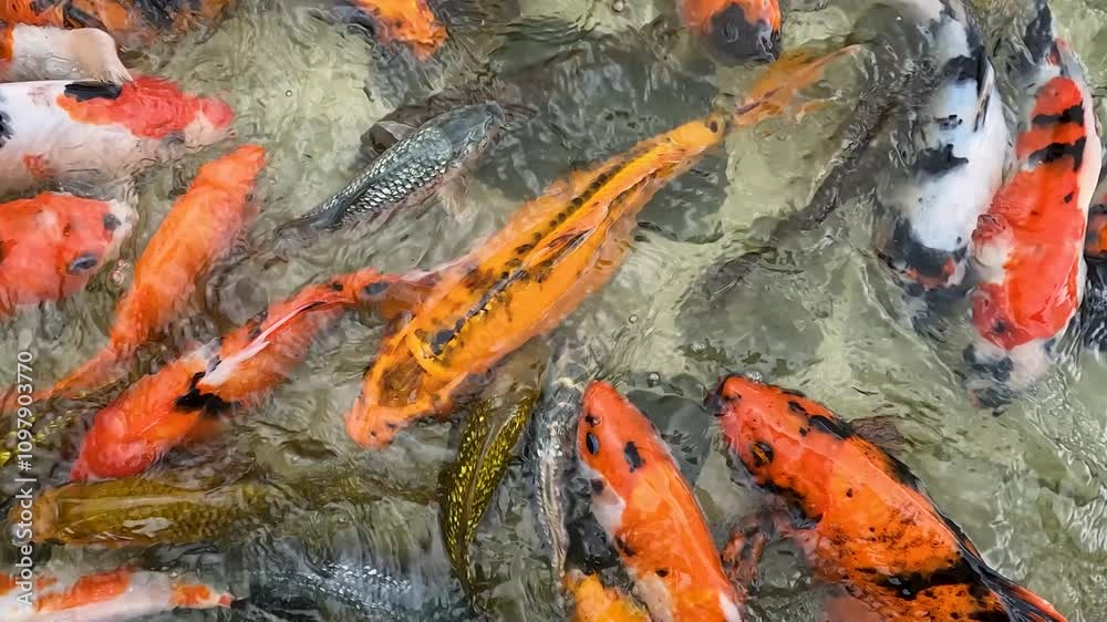 Camera movement through a crowd of ornamental koi fish in a pond Camera movement through a crowd of ornamental koi fish in a pond