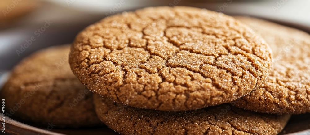 Closeup of freshly baked ginger cookies with a textured surface on a wooden plate ready for the holiday season Closeup of freshly baked ginger cookies with a textured surface on a wooden plate ready for the holiday season