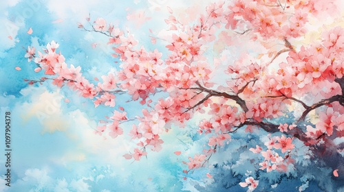 An enchanting watercolor painting showcasing a lush Sakura landscape.