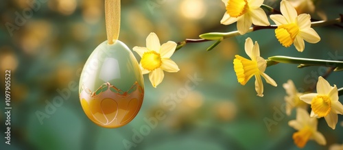 Easter egg decoration hanging on daffodil flower with blurred floral background symbolizing spring and festive celebration photo