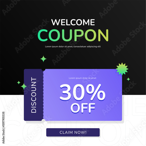 Welcome coupon gift discount thirty percent off with claim now button in modern purple gradation colors. Vector design for promo, marketing, promotion, web, marketplace or social media