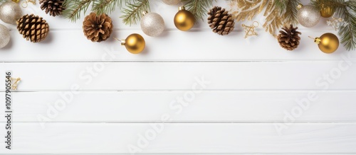 Christmas New Year backdrop with fir tree branches golden ornaments and pine cones on a white wooden surface ÑÐ¾Ð·Ð´Ð°Ð²Ð°Ñ ÑƒÑŽÑ‚Ð½ÑƒÑŽ Ð°Ñ‚Ð¼Ð¾ÑÑ„ÐµÑ€Ñƒ Ð¿Ñ€Ð°Ð·Ð´Ð½Ð¸ÐºÐ° photo