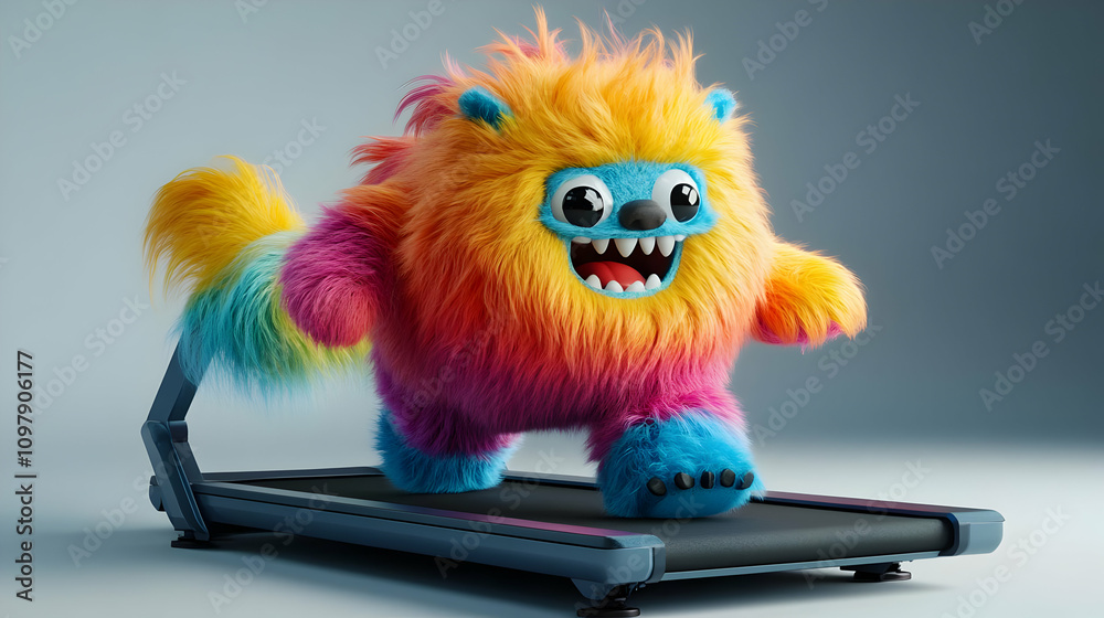 Fototapeta premium Rainbow Furry Monster 3D Illustration Running on Treadmill
