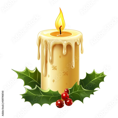 Melting advent candle with holly leaves and berries, glowing warmly, isolated on transparent background. Design element for Christmas card, greeting card. Holly, red berries, candle. Merry Christmas.