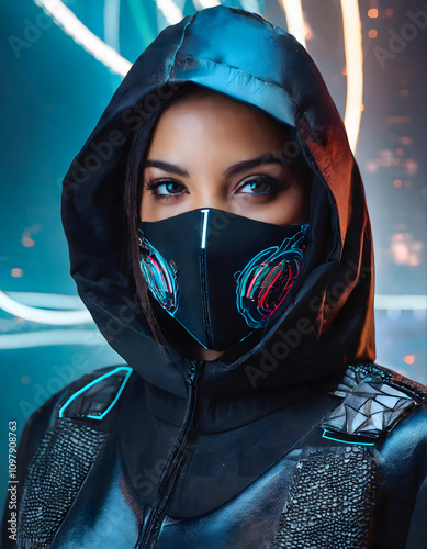 portrait of a woman in a hood, dark, cyberpunk style photo