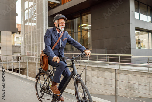 Full length of senior male commuter in helmet riding bicycle to work on city street in the morning photo
