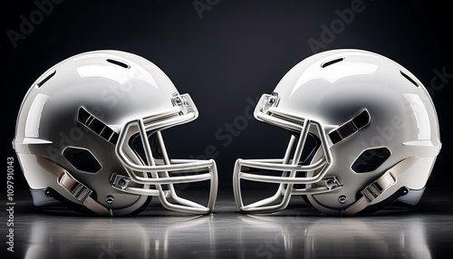 Facing Off: Dual White Football Helmets on a Dramatic Dark Background