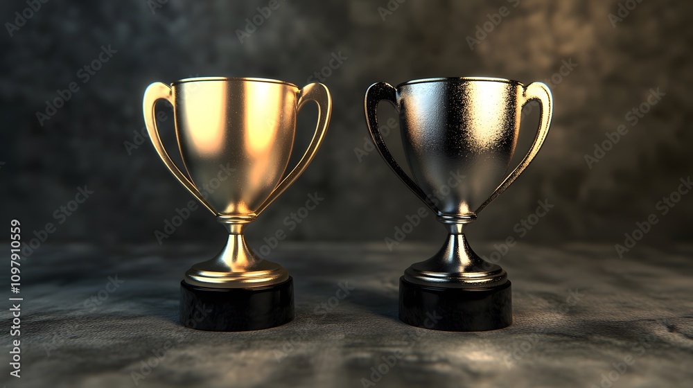 Golden and silver trophies stand side-by-side, symbols of victory and achievement, gleaming under soft light. Golden and silver trophies stand side-by-side, symbols of victory and achievement, gleaming under soft light.