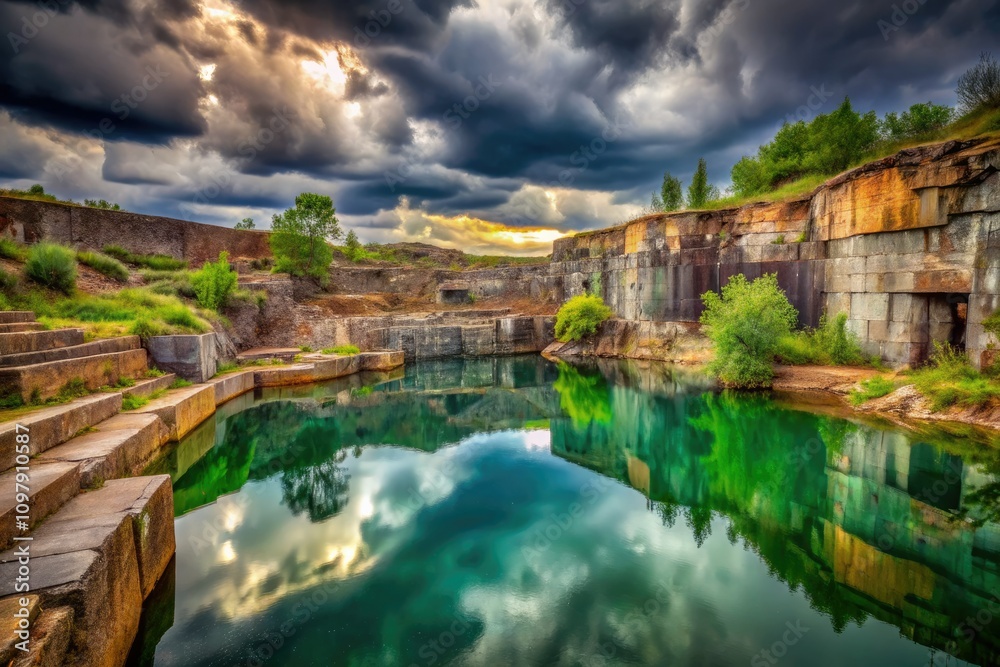 Stunning Abandoned Quarry with Serene Water Pool After Rain - Nature's Hidden Gem, Rustic Landscape, and Tranquil Reflections in a Disused Mining Site Stunning Abandoned Quarry with Serene Water Pool After Rain - Nature's Hidden Gem, Rustic Landscape, and Tranquil Reflections in a Disused Mining Site