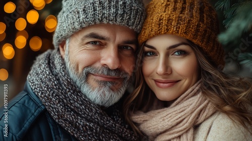 A close-up outdoor portrait of a mature man and a younger woman, both smiling warmly while wearing knitted hats and scarves