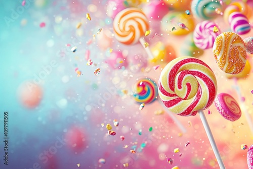 Lollipops and candy spilling mid-air on a bright playful candy shop background