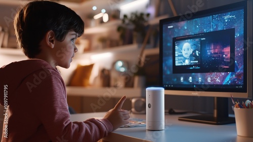 A child interacting with a smart home voice assistant while a branded security monitor displays live footage