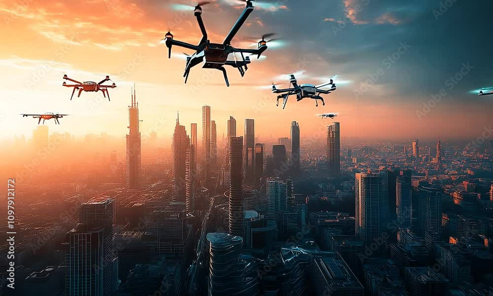 A group of drones flying over a city at sunset. The drones are flying ...