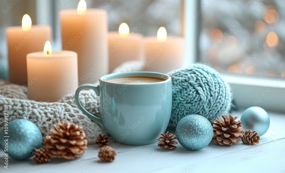 Cozy scene with a mug of coffee resting on a sweater, embodying winter comfort. Cozy scene with a mug of coffee resting on a sweater, embodying winter comfort.