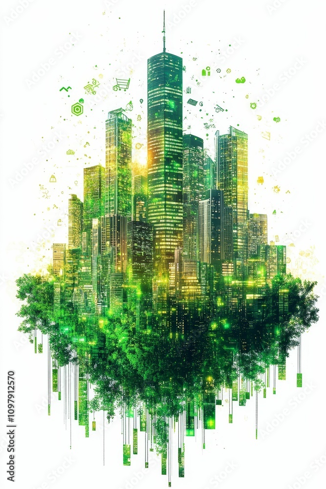 Obraz premium Green city skyline, nature, technology merge.