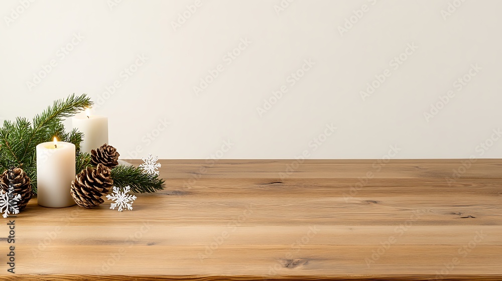 Fototapeta premium Cozy Winter Candle with Pine Cones and Snowflakes on Wooden Background