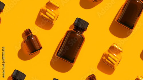 Arrangement of Amber Bottles with Yellow Capsules on Orange Surface