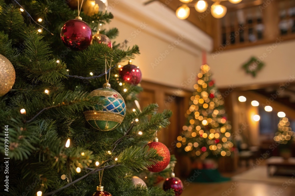 Festive Ornaments on a Christmas Tree with Copy Space for Holiday Greetings and Decor Ideas Festive Ornaments on a Christmas Tree with Copy Space for Holiday Greetings and Decor Ideas