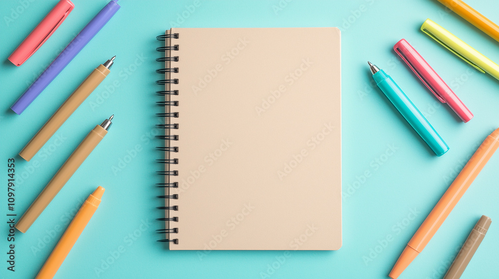 Minimalist Notebook and Pens Flat Lay on Bright Blue Background Minimalist Notebook and Pens Flat Lay on Bright Blue Background