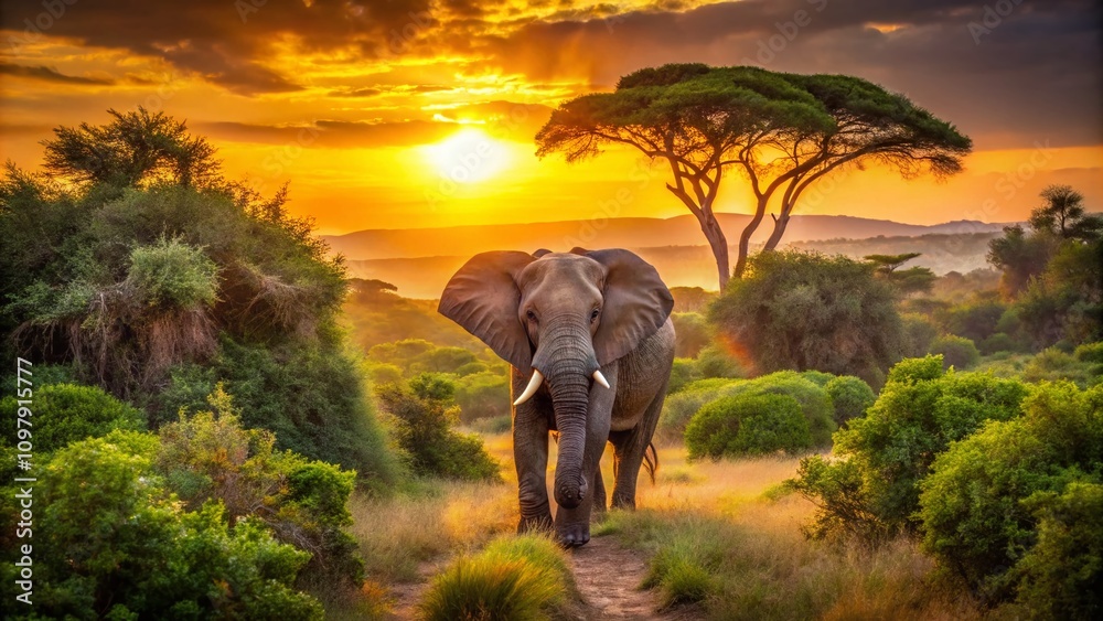 Fototapeta premium Majestic African Elephant Walking Through Vibrant Bush Landscape at Sunset Captured in Stunning Architectural Photography Style