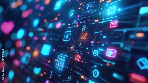 Wallpaper Mural A vibrant digital network showcasing various icons representing communication and data. Torontodigital.ca