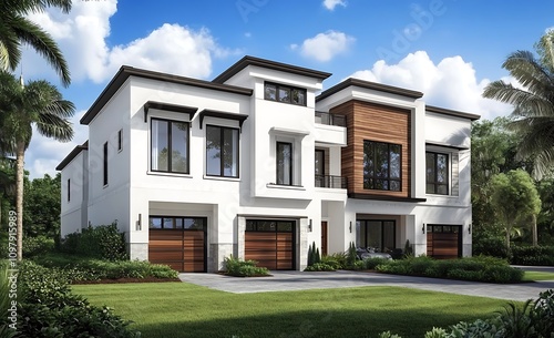 New Craftsman-style cottage home with white trim, front yard with green grass and paver walkway