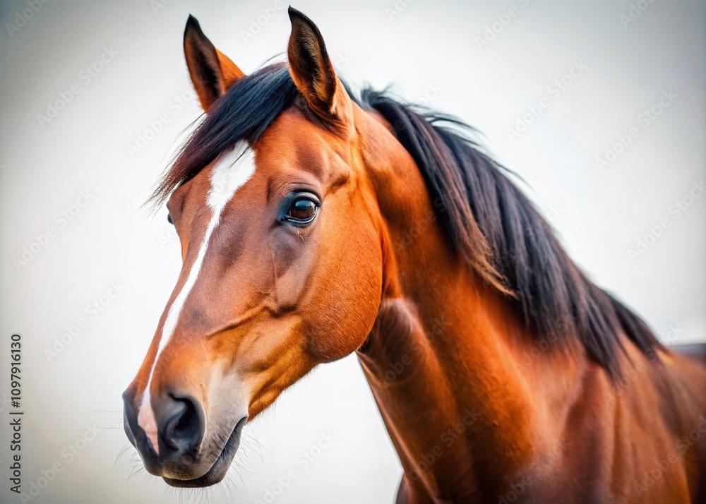 Obraz premium Majestic Bay Horse Head Isolated on White Background Perfect for Equine Enthusiasts and Equestrian Lifestyle Imagery in Architectural Photography Style
