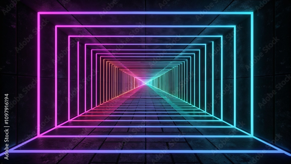 Fototapeta premium Futuristic neon tunnel with vibrant geometric lines, digital art, glowing perspective, copy space