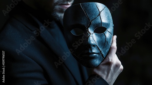 A mysterious figure holds a cracked mask, symbolizing hidden identity and the duality of human nature in a dark, atmospheric setting. photo