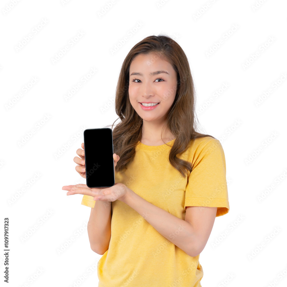 beautiful Asian young woman in yellow t shirt showing smart phone with blank screen , black screen empty copy space for advertising banner isolated on a transparent png background beautiful Asian young woman in yellow t shirt showing smart phone with blank screen , black screen empty copy space for advertising banner isolated on a transparent png background