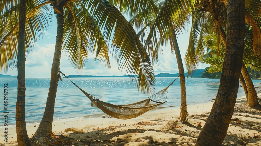 Fototapeta premium A hammock hangs between palm trees on a white sandy beach, with a view of a blue ocean.